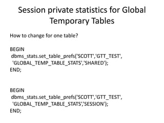 Session	private	statistics	for	Global	
Temporary	Tables
How	to	change	for	one	table?
BEGIN
dbms_stats.set_table_prefs('SCOTT','GTT_TEST',
'GLOBAL_TEMP_TABLE_STATS','SHARED');
END;
BEGIN
dbms_stats.set_table_prefs('SCOTT','GTT_TEST',
'GLOBAL_TEMP_TABLE_STATS’,’SESSION');
END;
 