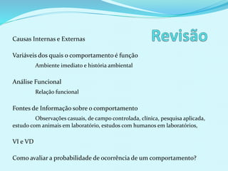 Causas Internas e Externas
Variáveis dos quais o comportamento é função
Ambiente imediato e história ambiental
Análise Funcional
Relação funcional
Fontes de Informação sobre o comportamento
Observações casuais, de campo controlada, clínica, pesquisa aplicada,
estudo com animais em laboratório, estudos com humanos em laboratórios,
VI e VD
Como avaliar a probabilidade de ocorrência de um comportamento?
 