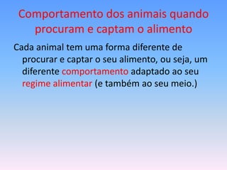 Comportamento dos animais quando
procuram e captam o alimento
Cada animal tem uma forma diferente de
procurar e captar o seu alimento, ou seja, um
diferente comportamento adaptado ao seu
regime alimentar (e também ao seu meio.)

 