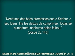 “Nenhuma das boas promessas que o Senhor, o
seu Deus, lhe fez deixou de cumprir-se. Todas se
cumpriram; nenhuma delas falhou.”
(Josué 23.14b)
 