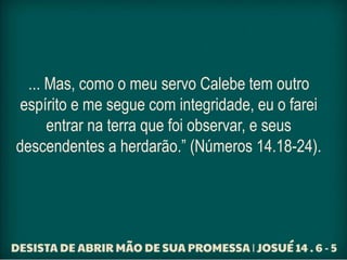 ... Mas, como o meu servo Calebe tem outro
espírito e me segue com integridade, eu o farei
entrar na terra que foi observar, e seus
descendentes a herdarão.” (Números 14.18-24).
 