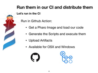 Run them in our CI and distribute them
Let’s run in the CI
33
Run in Github Action:
• Get a Pharo Image and load our code
• Generate the Scripts and execute them
• Upload Artifacts
• Available for OSX and Windows
 