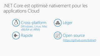 Cross-platform
(Windows, Linux, Mac
x86/64 et ARM)
Rapide
Léger
Open source
(https://github.com/dotnet)
 