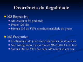 Ocorrência da ilegalidade MS Repressivo Ato coator já foi praticado Prazo: 120 dias Súmula 632 do STF: constitucionalidade do prazo MS Preventivo Configuração do justo receio da prática do ato coator Não configurado o justo receio: MS contra lei em tese Súmula 266 do STF: não cabe MS contra lei em tese. 