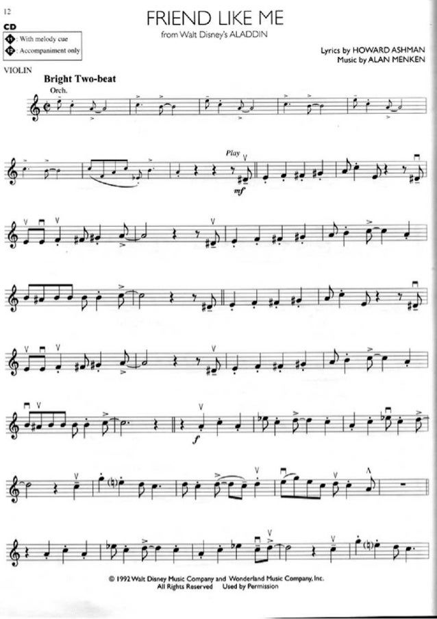 partituras da disney para violino friend like me aladdin sheet music