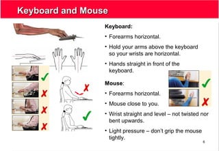 6
Keyboard and MouseKeyboard and Mouse
Keyboard:
• Forearms horizontal.
• Hold your arms above the keyboard
so your wrists are horizontal.
• Hands straight in front of the
keyboard.
Mouse:
• Forearms horizontal.
• Mouse close to you.
• Wrist straight and level – not twisted nor
bent upwards.
• Light pressure – don’t grip the mouse
tightly.
 