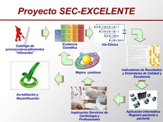 Proyecto SEC-EXCELENTE
Catálogo de
procesos/procedimientos
“relevantes”
Evidencia
Científica
Indicadores de Resultados
y Estándares de Calidad y
Excelencia
Aplicación Informática
Registro paciente a
paciente
Implicación Servicios de
Cardiología y
Profesionales
Acreditación y
Recertificación
Mejora continua
Vía Clínica
 