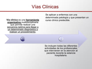 Vía clínica es una herramienta
organizativa multidisciplinaria
que permite realizar una
secuencia óptima para llegar a
un determinado diagnóstico o
realizar un procedimiento,
Se incluyen todas las diferentes
actividades de los profesionales
que intervienen en la atención al
paciente durante la estancia
hospitalaria.
Vías Clínicas
Se aplican a enfermos con una
determinada patología y que presentan un
curso clínico predecible.
 
