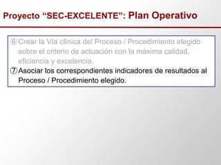 ⑥Crear la Vía clínica del Proceso / Procedimiento elegido
sobre el criterio de actuación con la máxima calidad,
eficiencia y excelencia.
⑦Asociar los correspondientes indicadores de resultados al
Proceso / Procedimiento elegido.
Proyecto “SEC-EXCELENTE”: Plan Operativo
 