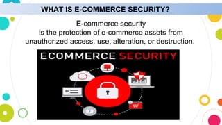 WHAT IS E-COMMERCE SECURITY?
E-commerce security
is the protection of e-commerce assets from
unauthorized access, use, alteration, or destruction.
 