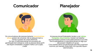 15
Comunicador Planejador
Os comunicadores são pessoas bastante comunicativas,
ativas, gostam de conversar, não se adequam bem a
rotinas e gostam de coisas dinâmicas.
Por isso, é importante pensar em processos de
gamificação bem enérgicos, onde as pessoas desse perfil
não fiquem entediadas e engajem melhor com a ação
criada.
As pessoas de perfil planejador tendem a ser calmas,
tranquilas, observadoras. Gostam de trabalhar
acompanhadas e prezam muito pelas pessoas à sua volta.
Para os planejadores, é importante pensar em algo que
eles possam trabalhar em grupo.
Criar missões dentro da gamificação para eles cumprirem
sozinhos, por exemplo, pode fazer com que eles fiquem
desmotivados.
 