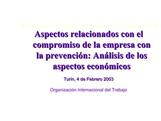Aspectos relacionados con el compromiso de la empresa con la prevención: Análisis de los aspectos económicos Turín, 4 de Febrero 2003 Organización Internacional del Trabajo 