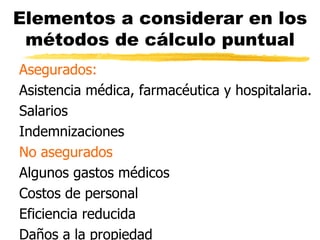 Elementos a considerar en los métodos de cálculo puntual Asegurados: Asistencia médica, farmacéutica y hospitalaria. Salarios Indemnizaciones No asegurados Algunos gastos médicos Costos de personal Eficiencia reducida Daños a la propiedad 