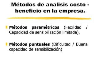 Métodos de analisis costo - beneficio en la empresa. Métodos paramétricos  (Facilidad / Capacidad de sensibilización limitada). Métodos puntuales  (Dificultad / Buena capacidad de sensibilización) 