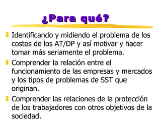 ¿Para qué? Identificando y midiendo el problema de los costos de los AT/DP y así motivar y hacer tomar más seriamente el problema. Comprender la relación entre el funcionamiento de las empresas y mercados y los tipos de problemas de SST que originan. Comprender las relaciones de la protección de los trabajadores con otros objetivos de la sociedad. 