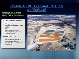 Drenaje de Calizas
Abiertos y Aeróbicos
EL USO EXITOSO REQUIERE:
• O2 ambiental
• Carga acida: <500mg/L como
CaCO3
• PH > 2
• Flujo promedio: <20L/s
• Cargas máximas promedio:
150kg CaCO3/d
BENEFICIOS CLAVE
• Caliza es de bajo costo y
fácilmente disponible.
• Bajos costos de construcción
y operación.
 