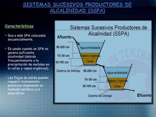 Características
• Dos o más SPA colocados
secuencialmente.
• Es usado cuando un SPA no
genera suficiente
alcalinidad (debido
frecuentemente a la
precipitación de metales en
la caliza y capas orgánicas).
• Los flujos de salida pueden
requerir tratamiento
posterior empleando un
humedal aeróbico y/o
anaeróbico.
 
