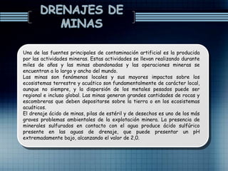 Una de las fuentes principales de contaminación artificial es la producida
por las actividades mineras. Estas actividades se llevan realizando durante
miles de años y las minas abandonadas y las operaciones mineras se
encuentran a lo largo y ancho del mundo.
Las minas son fenómenos locales y sus mayores impactos sobre los
ecosistemas terrestre y acuático son fundamentalmente de carácter local,
aunque no siempre, y la dispersión de los metales pesados puede ser
regional e incluso global. Las minas generan grandes cantidades de rocas y
escombreras que deben depositarse sobre la tierra o en los ecosistemas
acuáticos.
El drenaje ácido de minas, pilas de estéril y de desechos es uno de los más
graves problemas ambientales de la explotación minera. La presencia de
minerales sulfurados en contacto con el agua produce ácido sulfúrico
presente en las aguas de drenaje, que puede presentar un pH
extremadamente bajo, alcanzando el valor de 2,0.
 