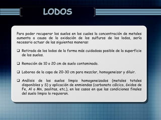 Para poder recuperar los suelos en los cuales la concentración de metales
aumenta a causa de la oxidación de los sulfuros de los lodos, sería
necesario actuar de las siguientes maneras:
 Retirada de los lodos de la forma más cuidadosa posible de la superficie
de los suelos.
 Remoción de 10 o 20 cm de suelo contaminado.
 Laboreo de la capa de 20-30 cm para mezclar, homogeneizar y diluir.
 Análisis de los suelos limpio homogeneizados (metales totales
disponibles y S) y aplicación de enmiendas (carbonato cálcico, óxidos de
Fe, Al o Mn, zeolitas, etc.), en los casos en que las condiciones finales
del suelo limpio lo requieran.
 