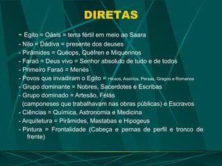 DIRETAS
- Egito = Oásis = terra fértil em meio ao Saara
- Nilo = Dádiva = presente dos deuses
- Pirâmides = Quéops, Quéfren e Miquerinos
- Faraó = Deus vivo = Senhor absoluto de tudo e de todos
- Primeiro Faraó = Menés
- Povos que invadiram o Egito = Hicsos, Assírios, Persas, Gregos e Romanos
- Grupo dominante = Nobres, Sacerdotes e Escribas
- Grupo dominado = Artesão, Felás
(camponeses que trabalhavam nas obras públicas) e Escravos
- Ciências = Química, Astronomia e Medicina
- Arquitetura = Pirâmides, Mastabas e Hipogeus
- Pintura = Frontalidade (Cabeça e pernas de perfil e tronco de
frente)
 