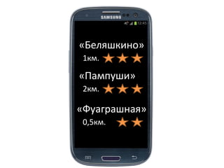 «Беляшкино»
 1км.

«Пампуши»
 2км.

«Фуаграшная»
 0,5км.
 