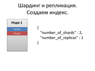 Шардинг и репликация.
       Создаем индекс.
Нода 1
 Street1   {
 Street2       “number_of_shards” : 2,
               “number_of_replicas” : 1
           }
 