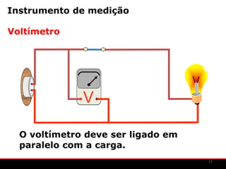 Instrumento de medição

Voltímetro




              V

  O voltímetro deve ser ligado em
  paralelo com a carga.
                                    12
 