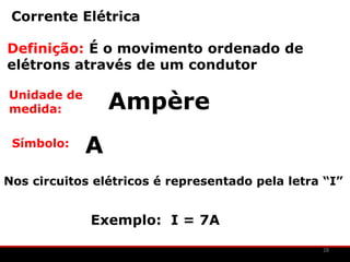 Corrente Elétrica

Definição: É o movimento ordenado de
elétrons através de um condutor

Unidade de
medida:          Ampère
 Símbolo:
             A
Nos circuitos elétricos é representado pela letra “I”


             Exemplo: I = 7A
                                                 28
 