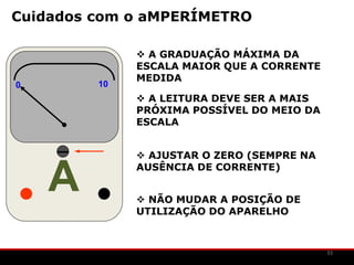 Cuidados com o aMPERÍMETRO

               A GRADUAÇÃO MÁXIMA DA
              ESCALA MAIOR QUE A CORRENTE
              MEDIDA
0        10
               A LEITURA DEVE SER A MAIS
              PRÓXIMA POSSÍVEL DO MEIO DA
              ESCALA


               AJUSTAR O ZERO (SEMPRE NA


    A         AUSÊNCIA DE CORRENTE)


               NÃO MUDAR A POSIÇÃO DE
              UTILIZAÇÃO DO APARELHO



                                            33
 