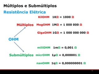 Múltiplos e Submúltiplos
Resistência Elétrica
                 KilOHM   1KΩ = 1000 Ω

      Múltiplos MegOHM 1MΩ = 1 000 000 Ω

                GigaOHM 1GΩ = 1 000 000 000 Ω

  OHM

                miliOHM   1mΩ = 0,001 Ω

  Submúltiplos micrOHM 1μΩ = 0,000001 Ω

                nanOHM 1ηΩ = 0,000000001 Ω

                                                36
 