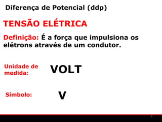 Diferença de Potencial (ddp)

TENSÃO ELÉTRICA
Definição: É a força que impulsiona os
elétrons através de um condutor.


Unidade de
medida:      VOLT

Símbolo:
               V
                                         9
 