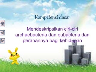 Kompetensi dasar
Mendeskripsikan ciri-ciri
archaebacteria dan eubacteria dan
peranannya bagi kehidupan
 