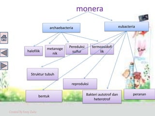 Created By Enny Zuita
monera
archaebacteria eubacteria
halofilik
metanoge
nik
Pereduksi
sulfur
termoasidofi
lik
Struktur tubuh
bentuk
reproduksi
Bakteri autotrof dan
heterotrof
peranan
 