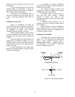 3-12
da hélice, e mais o espaço de uma nervura extra
de cada lado.
As tiras anti-rasgo devem ser do mesmo
material usado no revestimento, e devem ter
uma largura suficiente para cobrir em ambos os
lados a tira de reforço da lardagem.
Colocamos as tiras, aplicando dope na
parte do revestimento que será coberto por elas
e após a colocação, aplicamos dope sobre as
tiras.
Lardagem de uma volta
Ambas as superfícies do tecido de
revestimento, das asas e superfícies de controle,
devem ser presas nas nervuras por cordéis (fios
de lardagem) ou algum outro método
originalmente aprovado para a aeronave.
Todas as bordas agudas, contra as quais
os fios de lardagem possam atritar, devem ser
protegidas com fitas para evitar a abrasão dos
cordéis.
Pontas individuais do cordel deverão ser
unidas pelo nó mostrado na figura 3-8. O nó
quadrado comum, que tem uma fraca resistência
ao deslizamento, não deve ser usado para unir
pedaços de cordel.
O maior cuidado deve ser tomado para
garantir uma tensão uniforme e segura em todos
os pontos da amarração.
A amarração da nervura (lardagem),
normalmente é iniciada no bordo de ataque, em
direção ao bordo de fuga.
Se o bordo de ataque é coberto com
compensado ou metal, a lardagem deve começar
imediatamente após essas cobertas.
O primeiro ponto, ou ponto inicial, é
feito com duas voltas, usando o método
ilustrado na figura 3-9. Todos os nós
subsequentes podem ser feitos com apenas uma
volta do cordel.
A distância entre o primeiro nó e o
segundo, deverá ser a metade do espaço normal
entre os pontos.
Onde terminam os pontos de lardagem,
como longarina traseira e bordo de fuga, os
últimos dois pontos deverão ser espaçados com
a metade do espaço normal.
Lardagem de volta dupla
A lardagem de volta dupla ilustrada nas
figuras 3-9 e 3-10 representa um método para
obter a maior resistência possível com a
lardagem padrão simples. Quando usando a
de volta dupla, o nó “TIE-OFF” é feito pelo
método mostrado na figura 3-6.
Figura 3-8 Nó enlaçado (Splice).
 