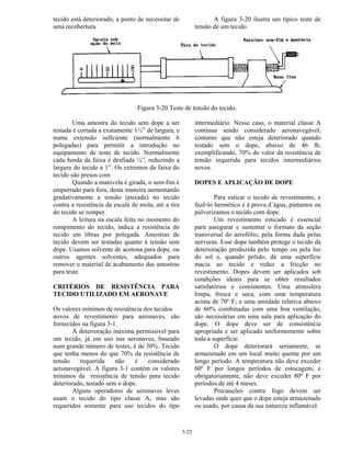 3-25
tecido está deteriorado, a ponto de necessitar de
uma recobertura.
A figura 3-20 ilustra um típico teste de
tensão de um tecido.
Figura 3-20 Teste de tensão do tecido.
Uma amostra do tecido sem dope a ser
testada é cortada a exatamente 1½” de largura, e
numa extensão suficiente (normalmente 6
polegadas) para permitir a introdução no
equipamento de teste de tecido. Normalmente
cada borda da faixa é desfiada ¼”, reduzindo a
largura do tecido a 1”. Os extremos da faixa do
tecido são presos com
Quando a manivela é girada, o sem-fim é
empurrado para fora, desta maneira aumentando
gradativamente a tensão (puxada) no tecido
contra a resistência da escala de mola, até a tira
do tecido se romper.
A leitura na escala feita no momento do
rompimento do tecido, indica a resistência do
tecido em libras por polegada. Amostras de
tecido devem ser testadas quanto à tensão sem
dope. Usamos solvente de acetona para dope, ou
outros agentes solventes, adequados para
remover o material de acabamento das amostras
para teste.
CRITÉRIOS DE RESISTÊNCIA PARA
TECIDO UTILIZADO EM AERONAVE
Os valores mínimos de resistência dos tecidos
novos de revestimento para aeronaves, são
fornecidos na figura 3-1.
A deterioração máxima permissível para
um tecido, já em uso nas aeronaves, baseado
num grande número de testes, é de 30%. Tecido
que tenha menos do que 70% da resistência de
tensão requerida não é considerado
aeronavegável. A figura 3-1 contém os valores
mínimos da resistência de tensão para tecido
deteriorado, testado sem o dope.
Alguns operadores de aeronaves leves
usam o tecido do tipo classe A, mas são
requeridos somente para uso tecidos do tipo
intermediário. Nesse caso, o material classe A
continua sendo considerado aeronavegável,
contanto que não esteja deteriorado quando
testado sem o dope, abaixo de 46 lb,
exemplificando, 70% do valor da resistência de
tensão requerida para tecidos intermediários
novos.
DOPES E APLICAÇÃO DE DOPE
Para esticar o tecido de revestimento, e
fazê-lo hermético e à prova d´água, pintamos ou
pulverizamos o tecido com dope.
Um revestimento esticado é essencial
para assegurar e sustentar o formato da seção
transversal do aerofólio, pela forma dada pelas
nervuras. Esse dope também protege o tecido da
deterioração produzida pelo tempo ou pela luz
do sol e, quando polido, dá uma superfície
macia ao tecido e reduz a fricção no
revestimento. Dopes devem ser aplicados sob
condições ideais para se obter resultados
satisfatórios e consistentes. Uma atmosfera
limpa, fresca e seca, com uma temperatura
acima de 70º F; e uma umidade relativa abaixo
de 60% combinadas com uma boa ventilação,
são necessárias em uma sala para aplicação do
dope. O dope deve ser de consistência
apropriada e ser aplicado uniformemente sobre
toda a superfície.
O dope deteriorará seriamente, se
armazenado em um local muito quente por um
longo período. A temperatura não deve exceder
60º F por longos períodos de estocagem, e
obrigatoriamente, não deve exceder 80º F por
períodos de até 4 meses.
Precauções contra fogo devem ser
levadas onde quer que o dope esteja armazenado
ou usado, por causa da sua natureza inflamável.
 