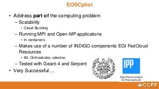 • Address part of the computing problem
– Scalability
• Cloud Bursting
– Running MPI and Open-MP applications
• In containers
– Makes use of a number of INDIGO components EGI FedCloud
Resources
• IM, Orchestrator, udocker,
– Tested with Geant-4 and Serpent
• Very Successful…
EOSCpilot
 