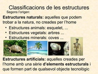 Classificacions de les estructures
• Estructures animals: esquelet, ...
• Estructures vegetals: arbres ...
• Estructures minerals: coves ...
Segons l’origen:
Estructures naturals: aquelles que podem
trobar a la natura, no creades per l’home
Estructures artificials: aquelles creades per
l’home amb una sèrie d’elements estructurals i
que formen part de qualsevol objecte tecnològic
 