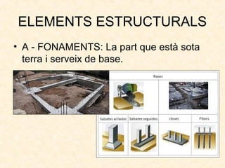 ELEMENTS ESTRUCTURALS
• A - FONAMENTS: La part que està sota
terra i serveix de base.
 