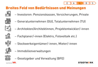  Investoren: Pensionskassen, Versicherungen, Private
Breites Feld von Bedürfnissen und Meinungen
 Generalunternehmen (GU), Totalunternehmen (TU)
 Architekten/Architektinnen, Projektentwickler/-innen
 Fachplaner/-innen (Elektro, Fotovoltaik etc.)
 Stockwerkeigentümer/-innen, Mieter/-innen
 Immobilienverwaltungen
 Gesetzgeber und Verwaltung (BFE)
E A L B S
 