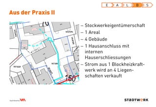 Aus der Praxis II
 Stockwerkeigentümerschaft
 1 Areal
 4 Gebäude
 1 Hausanschluss mit
internen
Hauserschliessungen
 Strom aus 1 Blockheizkraft-
werk wird an 4 Liegen-
schaften verkauft
E A L B S
 