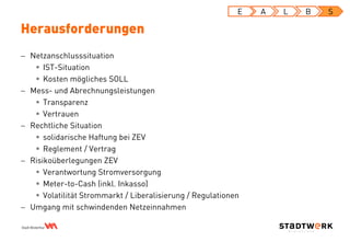  Netzanschlusssituation
 IST-Situation
 Kosten mögliches SOLL
 Mess- und Abrechnungsleistungen
 Transparenz
 Vertrauen
 Rechtliche Situation
 solidarische Haftung bei ZEV
 Reglement / Vertrag
 Risikoüberlegungen ZEV
 Verantwortung Stromversorgung
 Meter-to-Cash (inkl. Inkasso)
 Volatilität Strommarkt / Liberalisierung / Regulationen
 Umgang mit schwindenden Netzeinnahmen
Herausforderungen
E A L B S
 