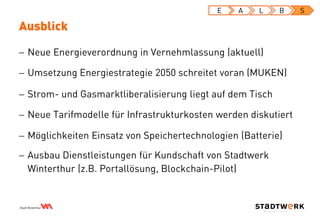  Neue Energieverordnung in Vernehmlassung (aktuell)
Ausblick
E A L B S
 Umsetzung Energiestrategie 2050 schreitet voran (MUKEN)
 Strom- und Gasmarktliberalisierung liegt auf dem Tisch
 Neue Tarifmodelle für Infrastrukturkosten werden diskutiert
 Möglichkeiten Einsatz von Speichertechnologien (Batterie)
 Ausbau Dienstleistungen für Kundschaft von Stadtwerk
Winterthur (z.B. Portallösung, Blockchain-Pilot)
 