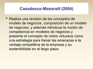 Casadesus-Masanell (2004)

• Realiza una revisión de los conceptos de
modelo de negocios, composición de un modelo
de negocios, y además introduce la noción de
competencia en modelos de negocios y
presenta el concepto de ciclos virtuosos como
una estrategia para frenar las amenazas a la
ventaja competitiva de la empresa y su
sostenibilidad en el largo plazo.

 