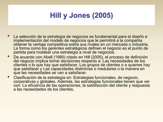 Hill y Jones (2005)
•
•
•

La selección de la estrategia de negocios es fundamental para el diseño e
implementación del modelo de negocios que le permitirá a la compañía
obtener la ventaja competitiva sobre sus rivales en un mercado o industria.
La forma como los gerentes estratégicos definen el negocio es el punto de
partida para moldear una estrategia a nivel de negocios.
De acuerdo con Abell (1980) citado en Hill (2005), el proceso de definición
del negocio implica tomar decisiones respecto a: Las necesidades de los
clientes o lo que hay que satisfacer, Los grupos de clientes o a quienes hay
que satisfacer y Las capacidades distintivas o medulares o la manera en
que las necesidades se van a satisfacer.
Clasificación de la estrategia en: Estrategias funcionales, de negocio,
corporativas y globales. Además, las estrategias funcionales tienen que ver
con: La eficiencia de las operaciones, la satisfacción del cliente y respuesta
a las necesidades de los clientes.

 