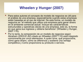 Wheelen y Hunger (2007)
•

•

Para estos autores el concepto de modelo de negocios es útil para
el análisis de una empresa, especialmente cuando estas empresas
están basadas en el uso de internet. De esta forma, un modelo de
negocios es “el método que utiliza una empresa para ganar dinero
en el ambiente comercial actual. Incluye las características
estructurales y operativas claves de una empresa, esto es, la forma
en que gana sus ingresos y obtiene beneficios” (Wheelen y Hunger,
2007:110).
Por lo tanto, la composición de un modelo de negocios según
Abraham (2003:61-62) citado en Wheelen (2007:110) está integrado
comúnmente por cinco elementos: A quién sirve, qué proporciona,
cómo gana dinero, cómo se diferencia y sostiene una ventaja
competitiva y Como proporciona su producto o servicio.

 