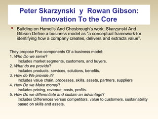 Peter Skarzynski y Rowan Gibson:
Innovation To the Core
•

Building on Hamel’s And Chesbrough’s work, Skarzynski And
Gibson Define a business model as “a conceptual framework for
identifying how a company creates, delivers and extracts value”.

They propose Five components Of a business model:
1. Who Do we serve?
Includes market segments, customers, and buyers.
2. What do we provide?
Includes products, services, solutions, benefits.
3. How do We provide it?
Includes value chain, processes, skills, assets, partners, suppliers
4. How Do we Make money?
Includes pricing, revenue, costs, profits.
5. How Do we differentiate and sustain an advantage?
Includes Differences versus competitors, value to customers, sustainability
based on skills and assets.

 