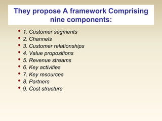 They propose A framework Comprising
nine components:

• 1. Customer segments
• 2. Channels
• 3. Customer relationships
• 4. Value propositions
• 5. Revenue streams
• 6. Key activities
• 7. Key resources
• 8. Partners
• 9. Cost structure

 