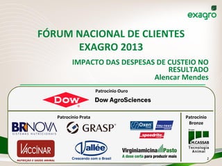 FÓRUM	
  NACIONAL	
  DE	
  CLIENTES	
  
EXAGRO	
  2013	
  
IMPACTO	
  DAS	
  DESPESAS	
  DE	
  CUSTEIO	
  NO	
  
RESULTADO	
  
Alencar	
  Mendes	
  
Patrocínio	
  Ouro	
  
Patrocínio	
  Prata	
   Patrocínio	
  
Bronze	
  
2	
  
 