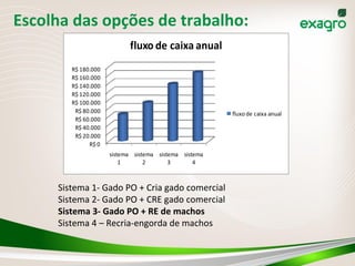 Escolha	
  das	
  opções	
  de	
  trabalho:	
  
R$	
  0
R$	
  20.000
R$	
  40.000
R$	
  60.000
R$	
  80.000
R$	
  100.000
R$	
  120.000
R$	
  140.000
R$	
  160.000
R$	
  180.000
sistema	
  
1
sistema	
  
2
sistema	
  
3
sistema	
  
4
fluxo	
  de	
  caixa	
  anual
fluxo	
  de	
  caixa	
  anual
Sistema	
  1-­‐	
  Gado	
  PO	
  +	
  Cria	
  gado	
  comercial	
  
Sistema	
  2-­‐	
  Gado	
  PO	
  +	
  CRE	
  gado	
  comercial	
  
Sistema	
  3-­‐	
  Gado	
  PO	
  +	
  RE	
  de	
  machos	
  
Sistema	
  4	
  –	
  Recria-­‐engorda	
  de	
  machos	
  
	
  
 