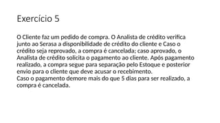 Exercício 5
O Cliente faz um pedido de compra. O Analista de crédito verifica
junto ao Serasa a disponibilidade de crédito do cliente e Caso o
crédito seja reprovado, a compra é cancelada; caso aprovado, o
Analista de crédito solicita o pagamento ao cliente. Após pagamento
realizado, a compra segue para separação pelo Estoque e posterior
envio para o cliente que deve acusar o recebimento.
Caso o pagamento demore mais do que 5 dias para ser realizado, a
compra é cancelada.
 